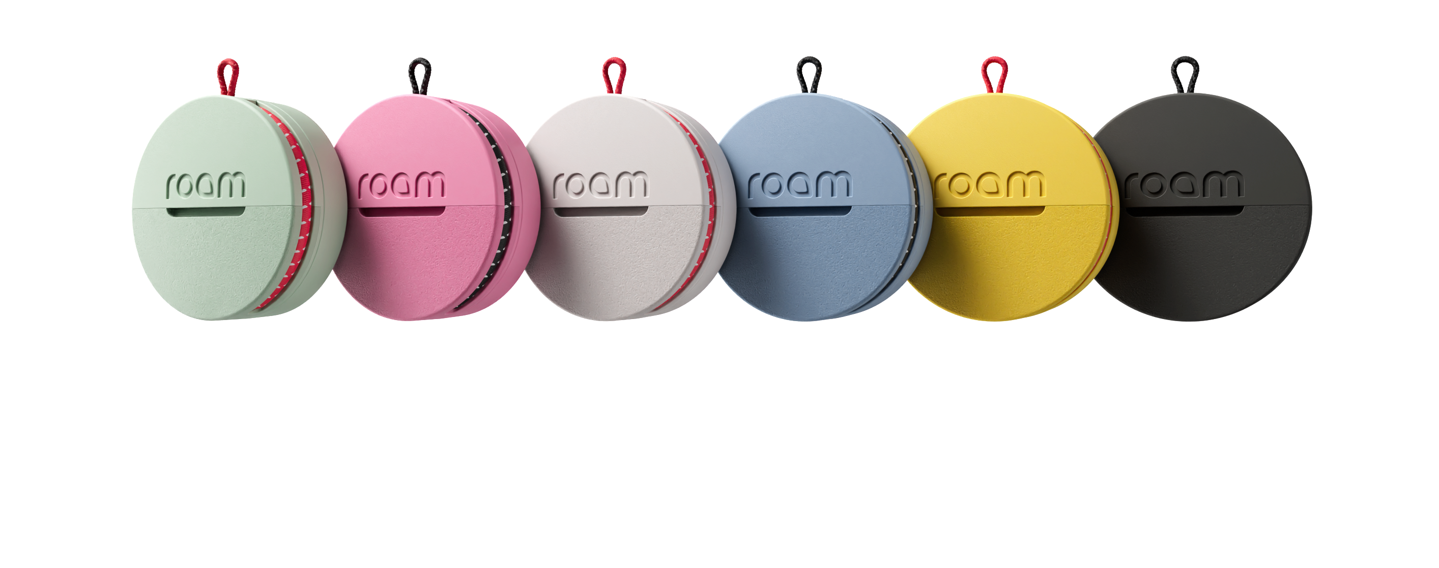 Six Roam Smart Trackers in a row showing all available colors green pink lavender blue yellow and black with red attachment loops