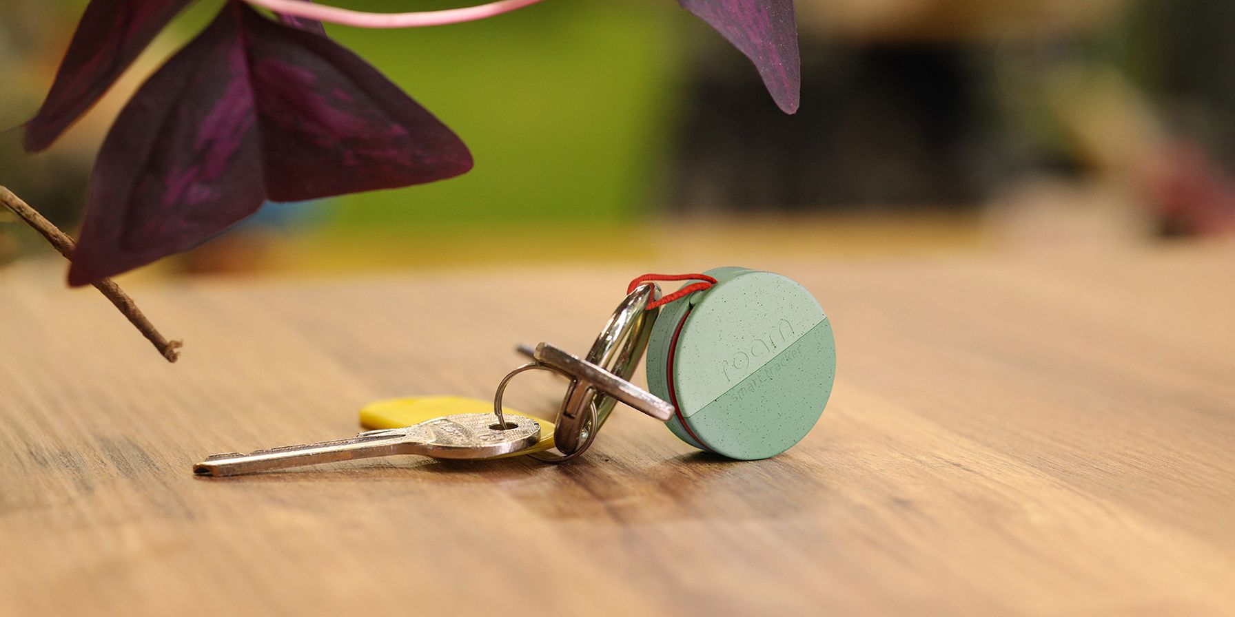Green Roam Smart Tracker attached to a set of metal keys lying on a wooden table with purple plant leaves showing key tracking capability