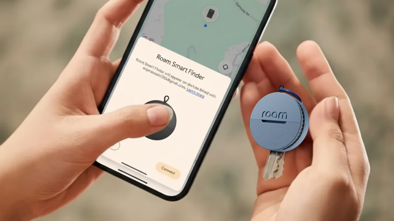Hands holding a blue Roam Smart Tracker device and a smartphone displaying the Roam app with map tracking for data privacy and security