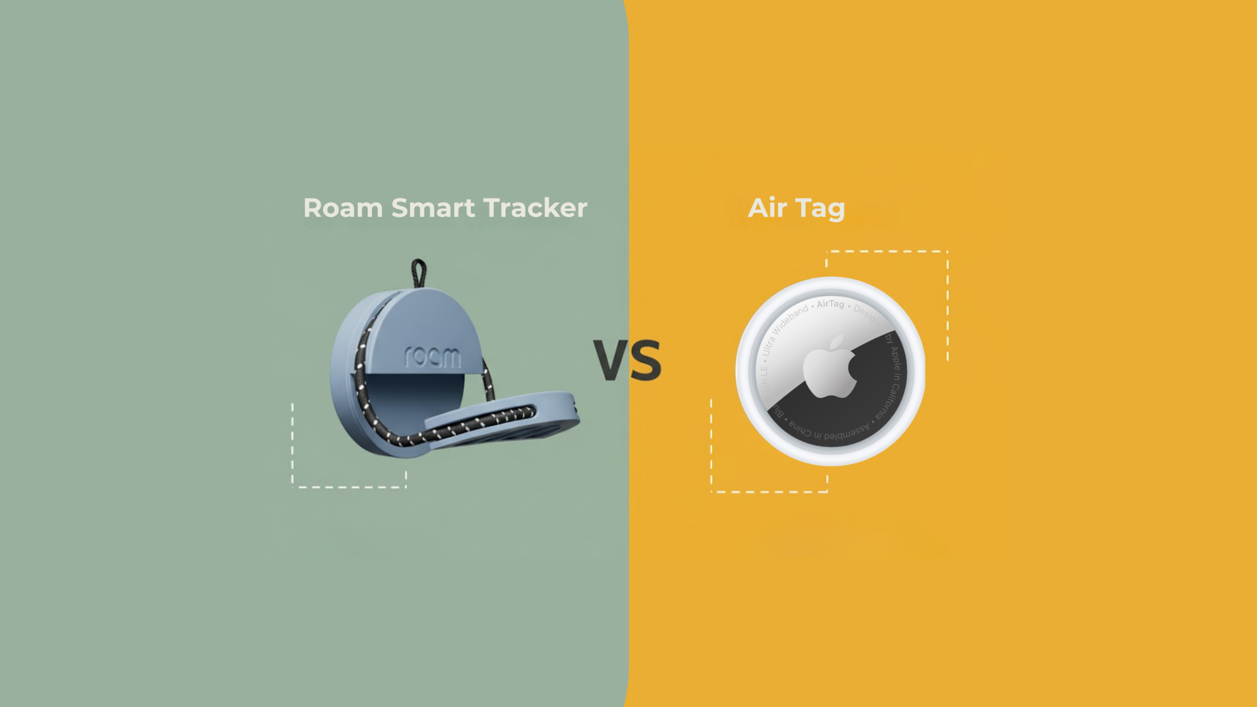 Split screen comparison of Roam Smart Tracker on green background versus Apple AirTag on yellow background with VS in the center