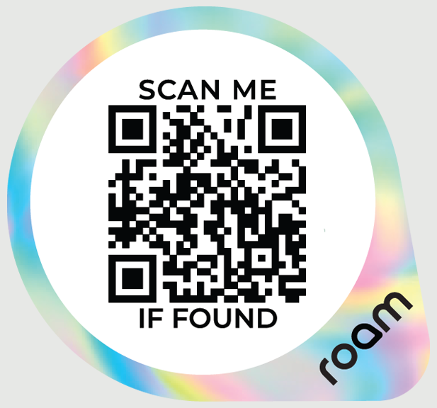 Roam smart tracker QR sticker in grey holographic design with Scan Me If Found text and QR code for item recovery