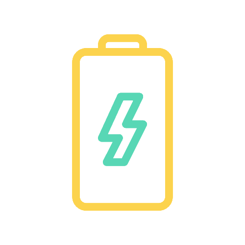 Animated GIF icon showing Roam smart tracker replaceable battery feature with CR2032 lithium battery and charging lightning bolt animation for 1+ year battery life