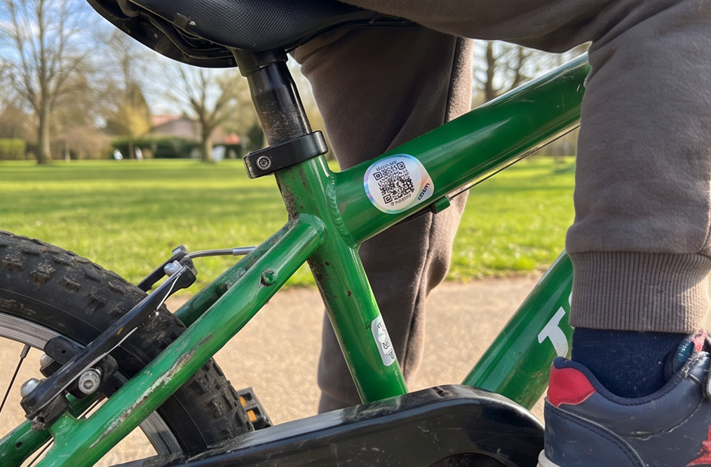 Green bicycle frame with Roam smart tracker QR sticker attached for bike tracking, child's foot visible on pedal in outdoor park setting