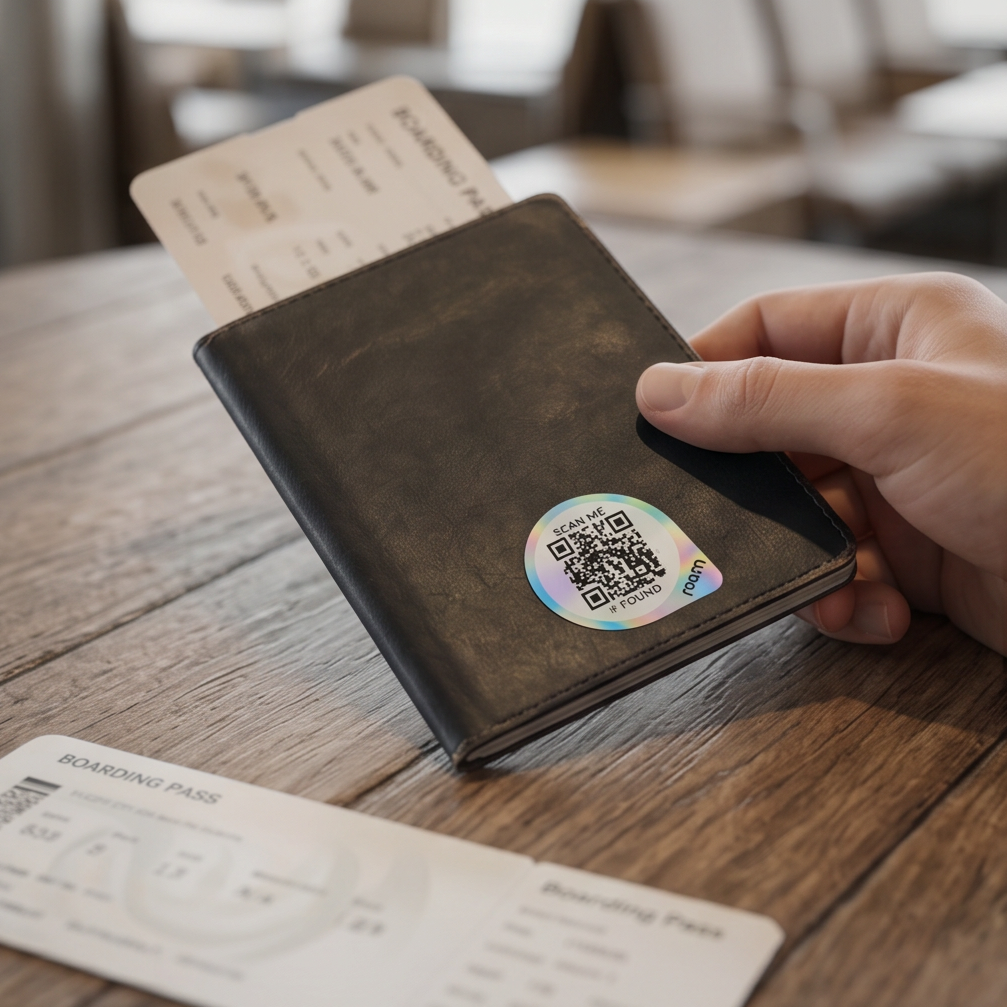 Hand holding dark leather passport wallet with Roam smart tracker QR sticker attached on wooden table with boarding passes for travel item tracking