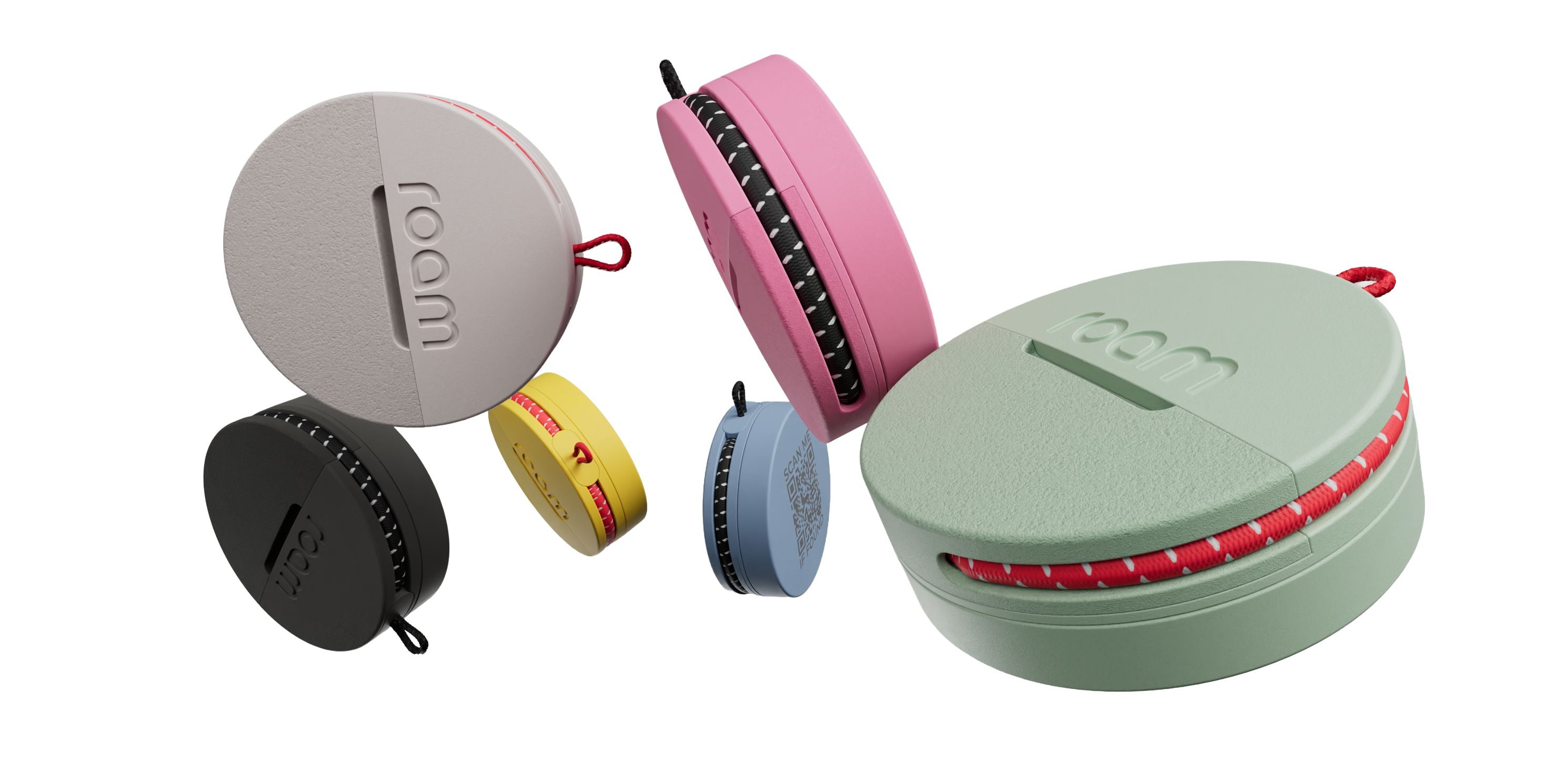 Multiple Roam Smart Trackers in green pink black and yellow colors grouped together as best AirTag alternative compatible with Android and iPhone