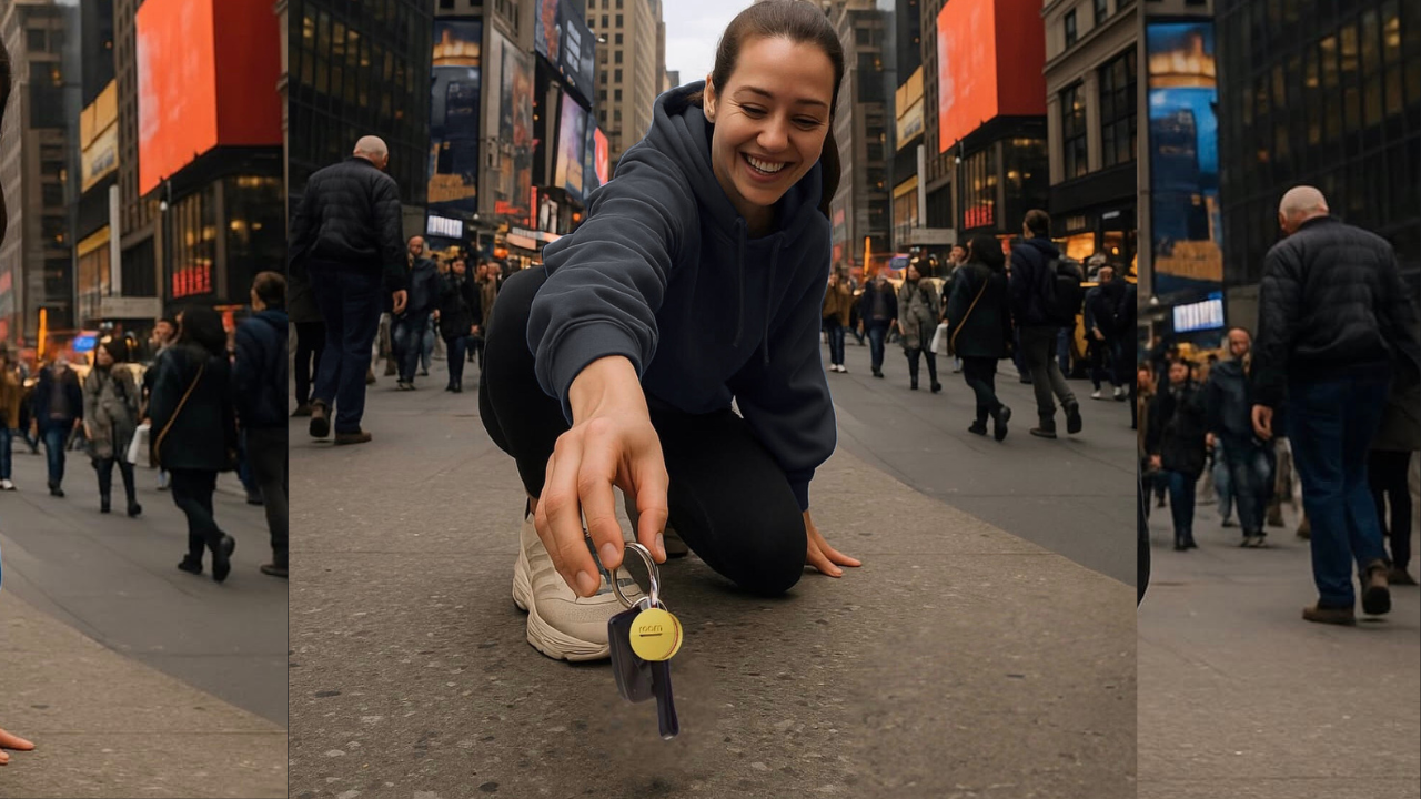 Woman in busy city street reaching down to pick up yellow Roam Smart Tracker demonstrating its durability and use in harsh outdoor urban environments