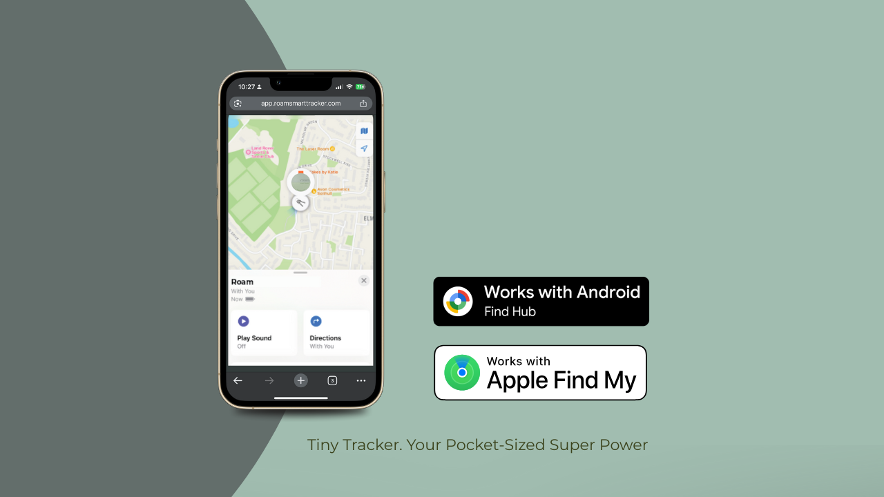 Android phone showing map tracking app with Works with Android Find Hub and Works with Apple Find My badges showing Roam Smart Tracker compatibility