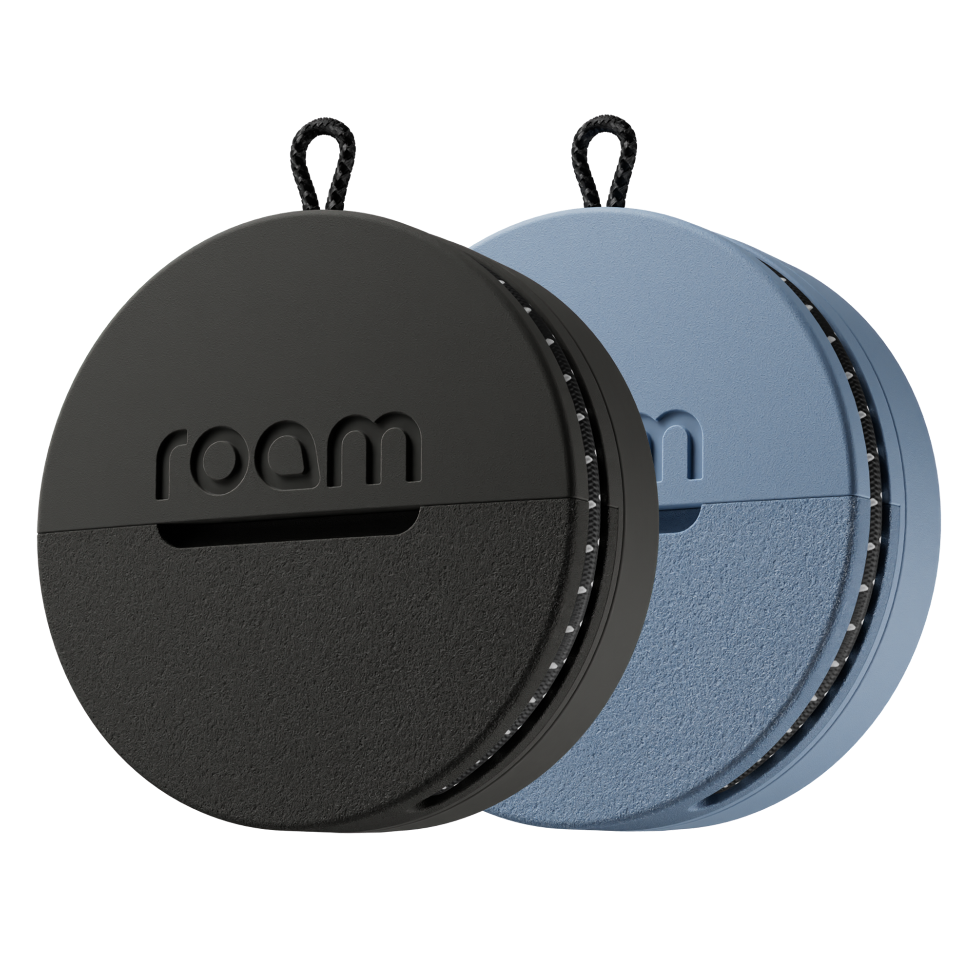 2-pack Roam smart trackers in multi-colour black and blue showing compact round design with Roam branding on transparent background
