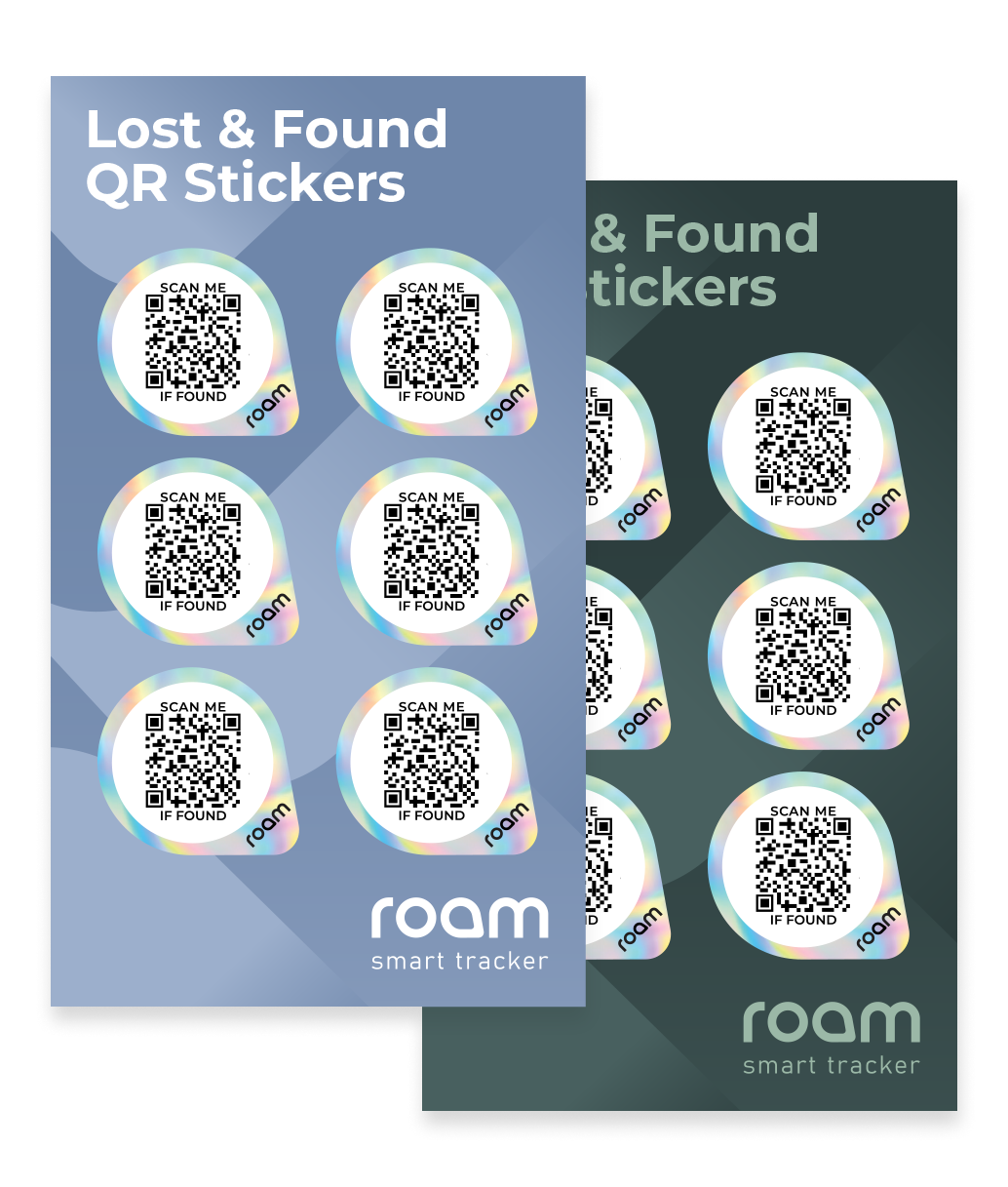 Roam smart tracker Lost and Found QR Sticker packs in blue and dark green variants showing holographic Scan Me If Found QR stickers for item tracking and recovery