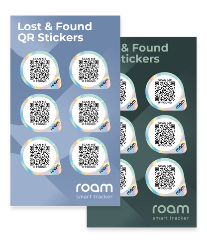 Roam smart tracker Lost and Found QR Sticker packs in blue and dark green variants showing holographic Scan Me If Found QR stickers for item tracking and recovery