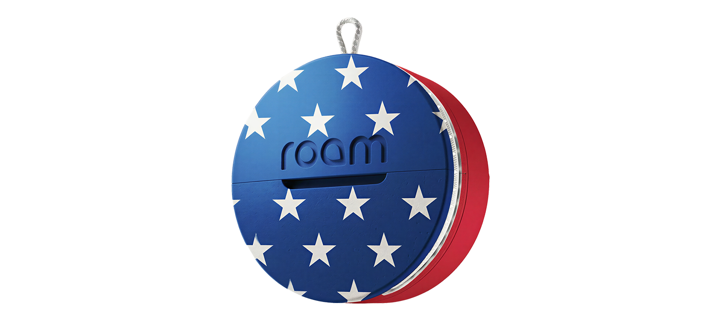 Roam Smart Tracker with American flag red white and blue design side angle view - corporate gift GPS tracker