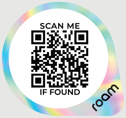 Roam smart tracker QR sticker in grey holographic design with Scan Me If Found text and QR code for item recovery