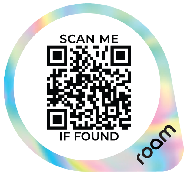 Roam smart tracker QR sticker on white background with holographic rainbow border, Scan Me If Found text and QR code for item tracking and recovery