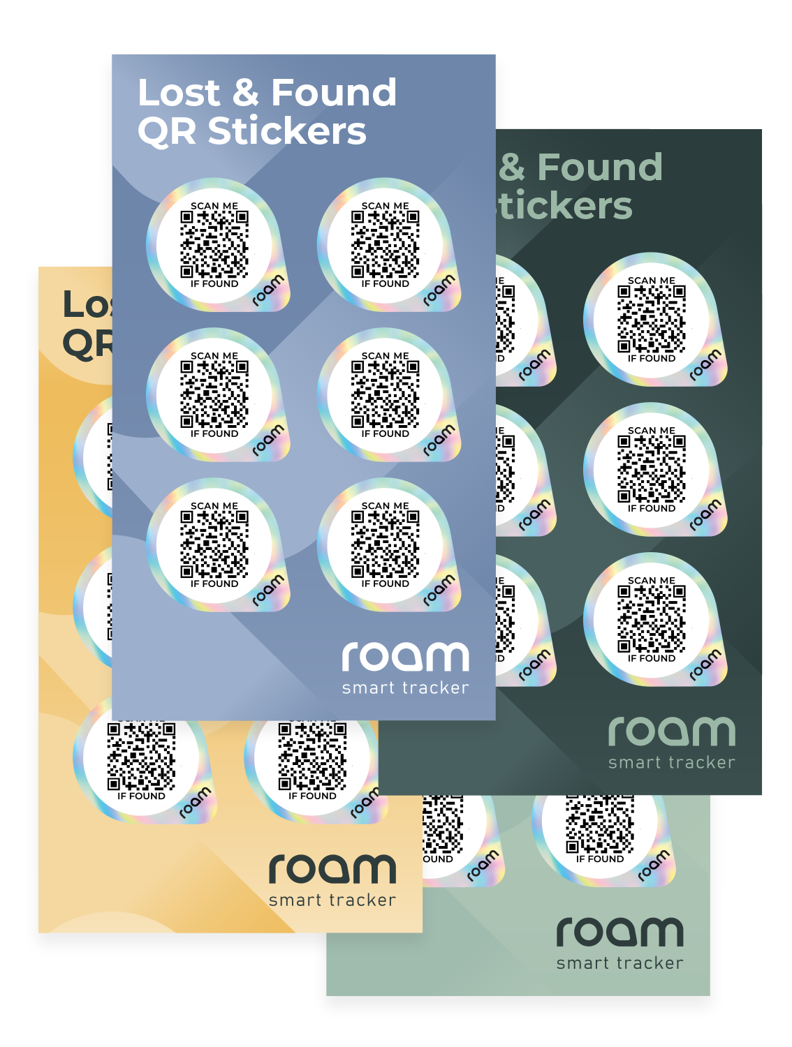 Roam smart tracker Lost and Found QR Sticker packs showing multiple color variants including blue, dark and yellow with holographic Scan Me If Found QR stickers