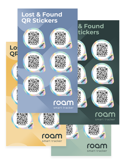 Roam smart tracker Lost and Found QR Sticker packs showing multiple color variants including blue, dark and yellow with holographic Scan Me If Found QR stickers