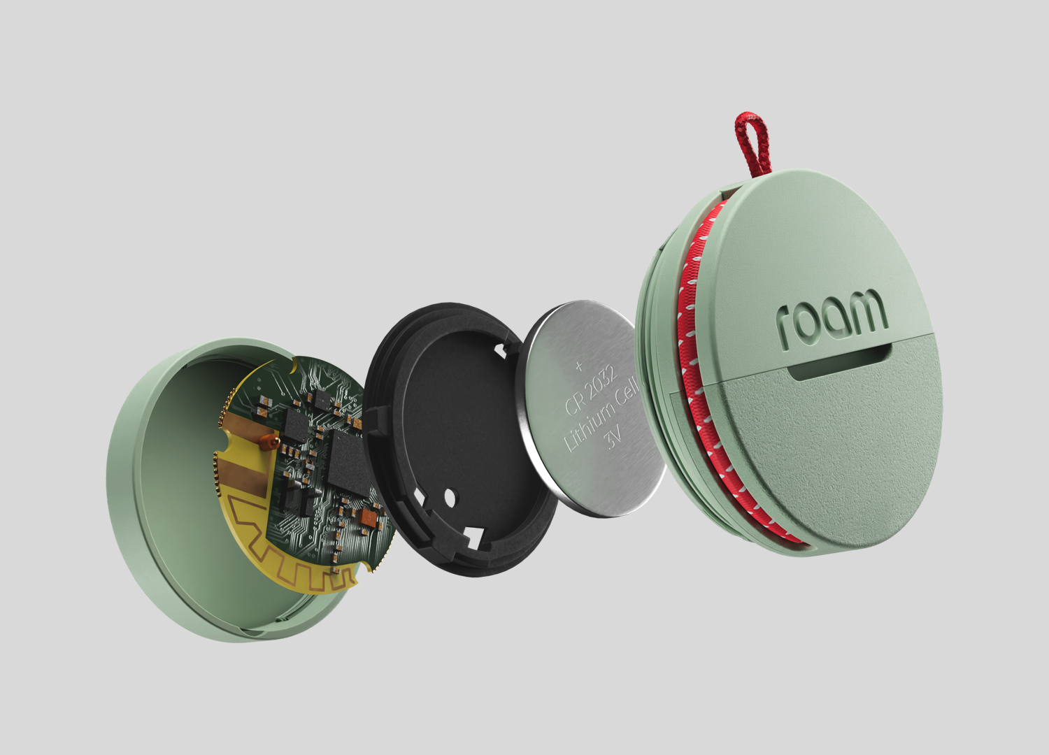 Roam smart tracker exploded product diagram showing 3-in-1 features: loud locator ping, 1+ year replaceable CR2032 battery, lost and found QR code, and IP67 water resistant rating