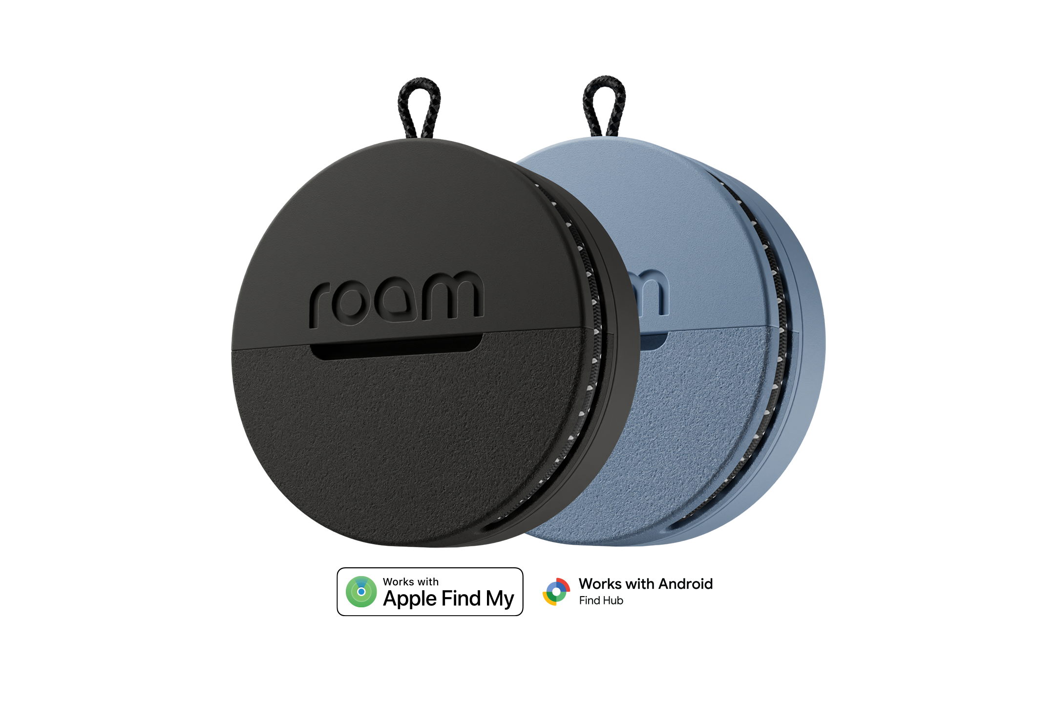 Black and blue cylindrical containers with 'roam' branding on a white background