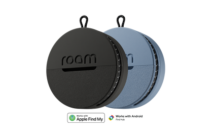 Black and blue cylindrical containers with 'roam' branding on a white background