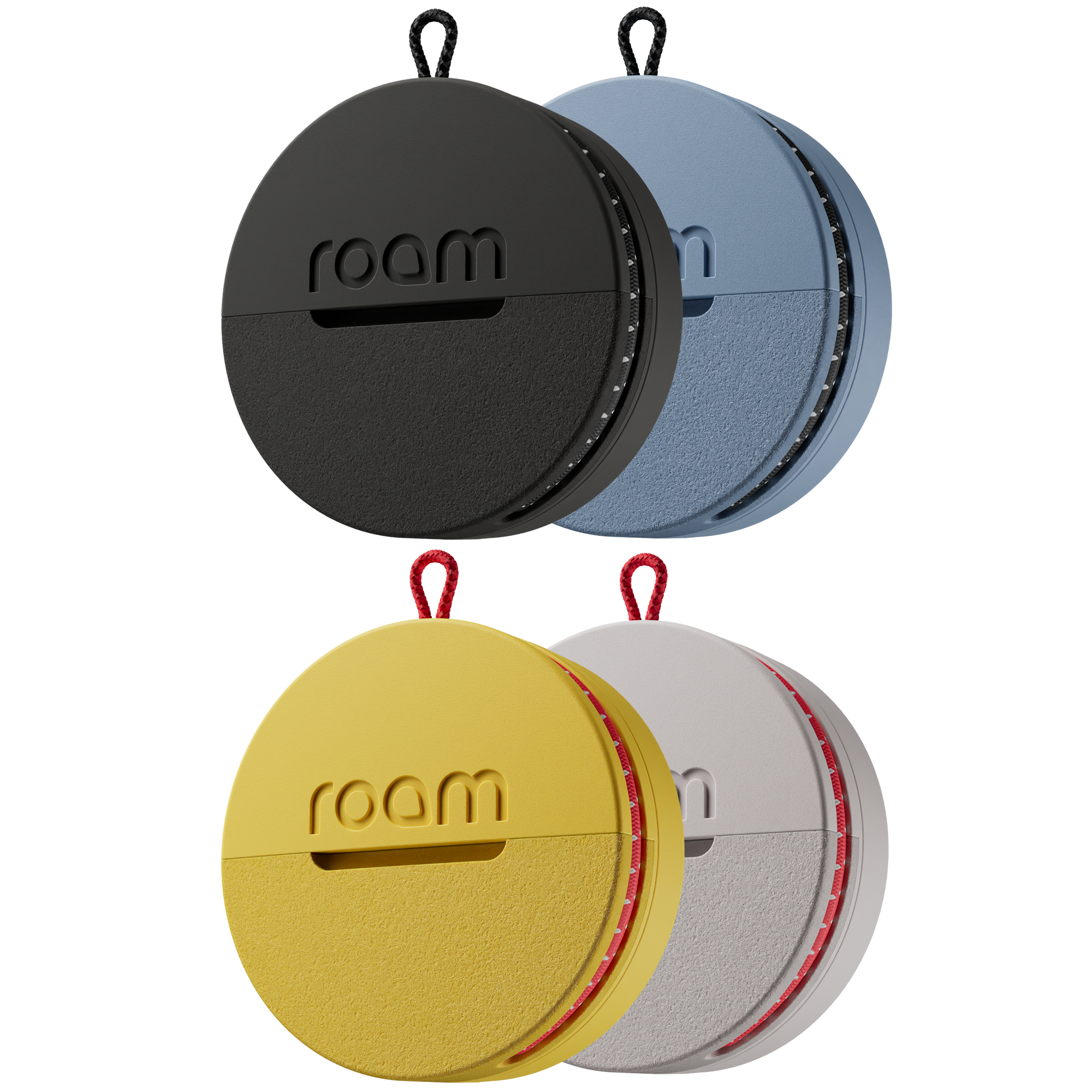Four circular containers in black, blue, yellow, and gray with 'room' branding on a white background.
