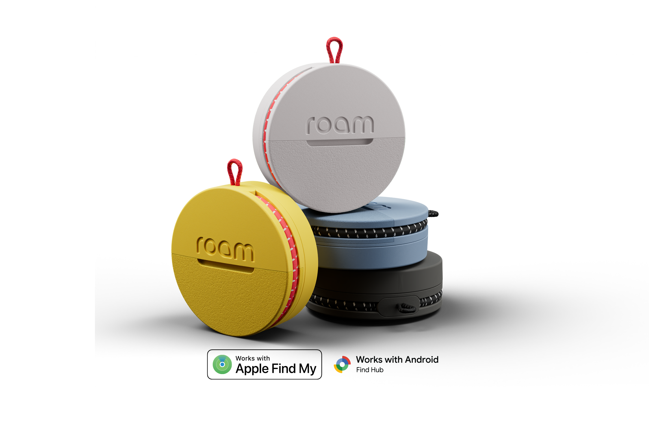 Four circular containers in black, blue, yellow, and gray with 'room' branding on a white background.