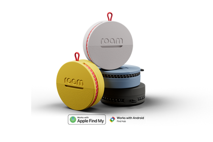 Four circular containers in black, blue, yellow, and gray with 'room' branding on a white background.