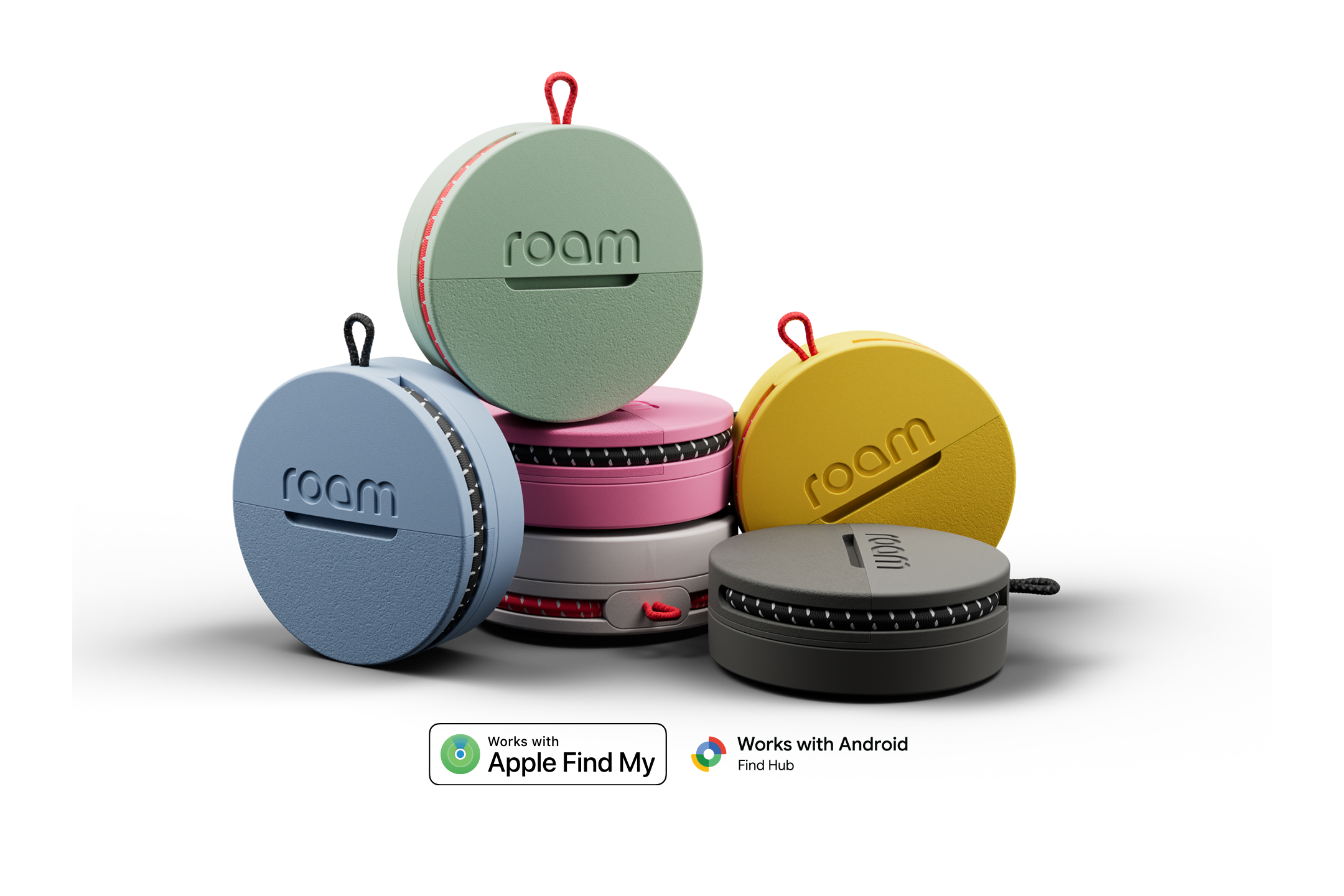 Colorful 'roam' portable headphones in various cases on a black background