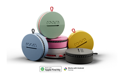 Colorful 'roam' portable headphones in various cases on a black background