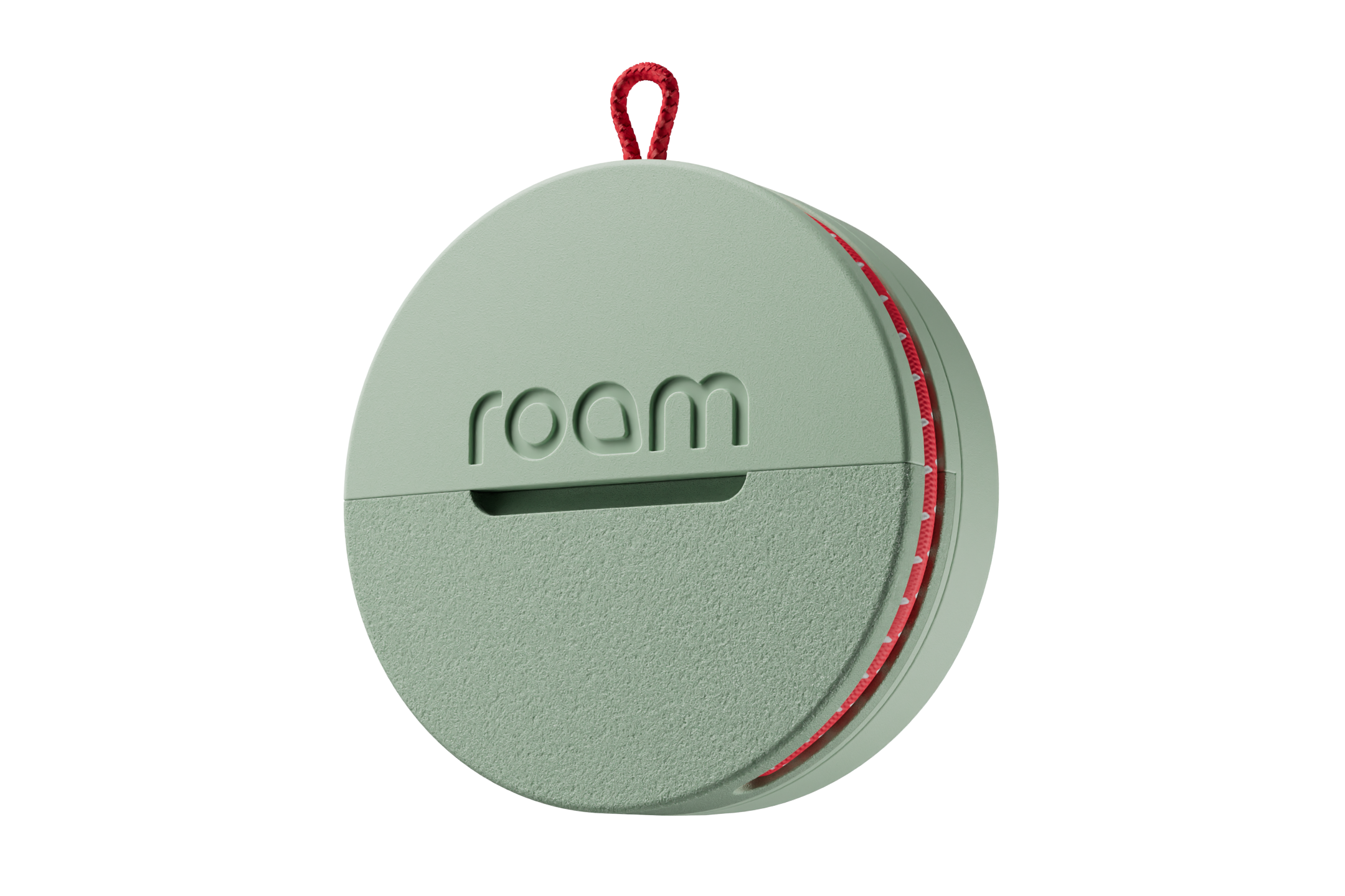 Round green device with 'roam' branding on a white background