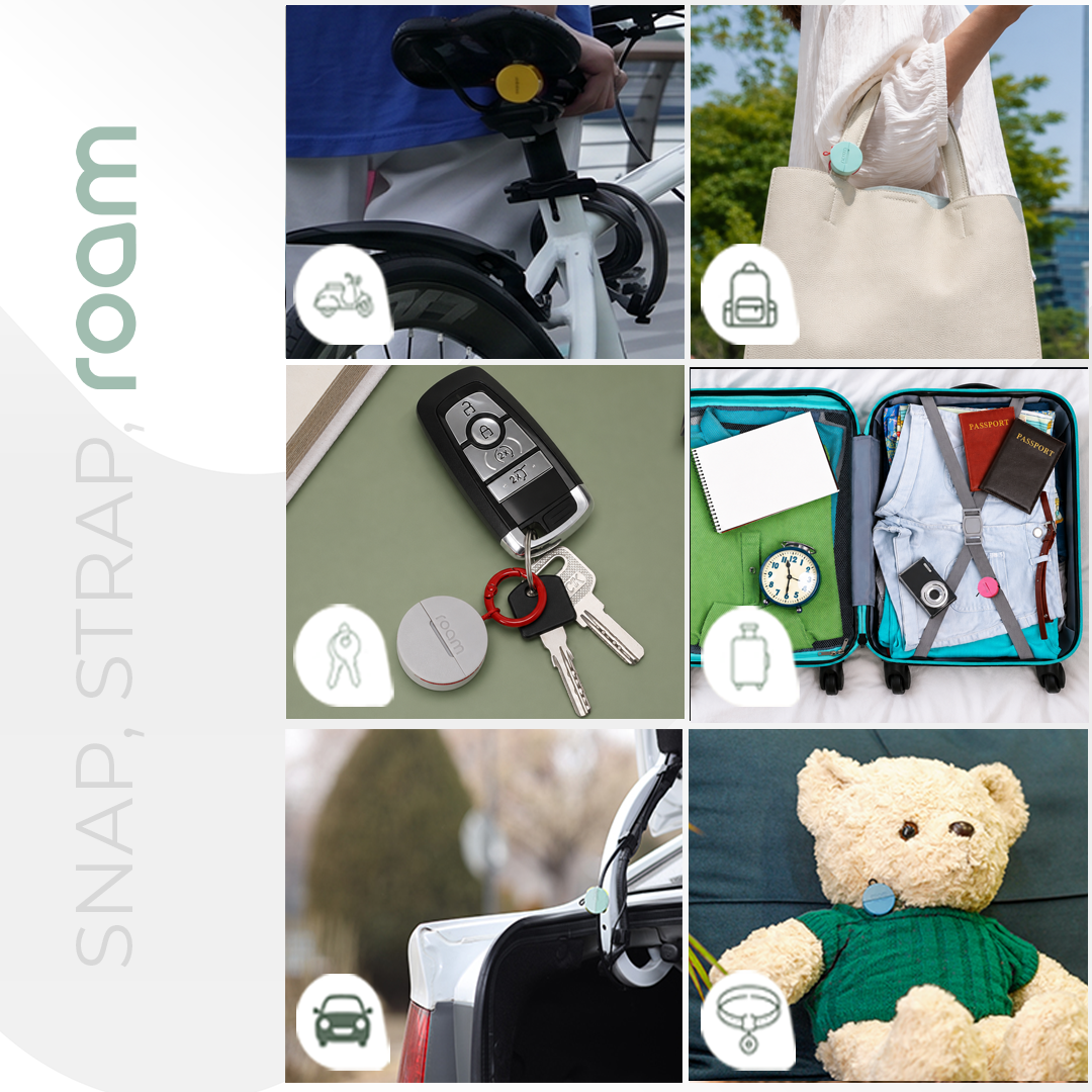 Roam smart tracker snap and strap attachment collage showing tracker attached to bike seat, backpack, keys on keychain, luggage handle, car and teddy bear for versatile item tracking
