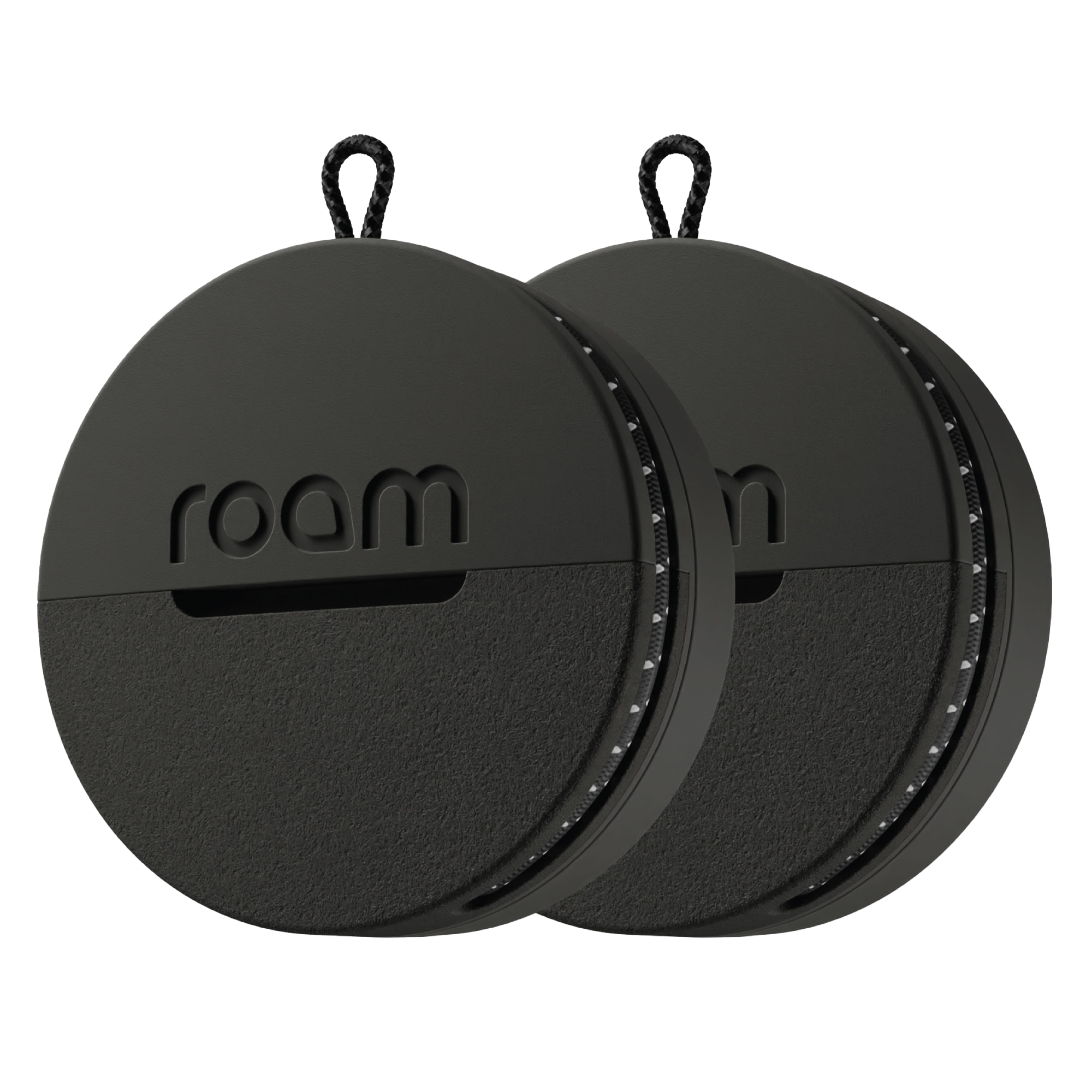 Two black circular devices with 'roam' branding on a white background