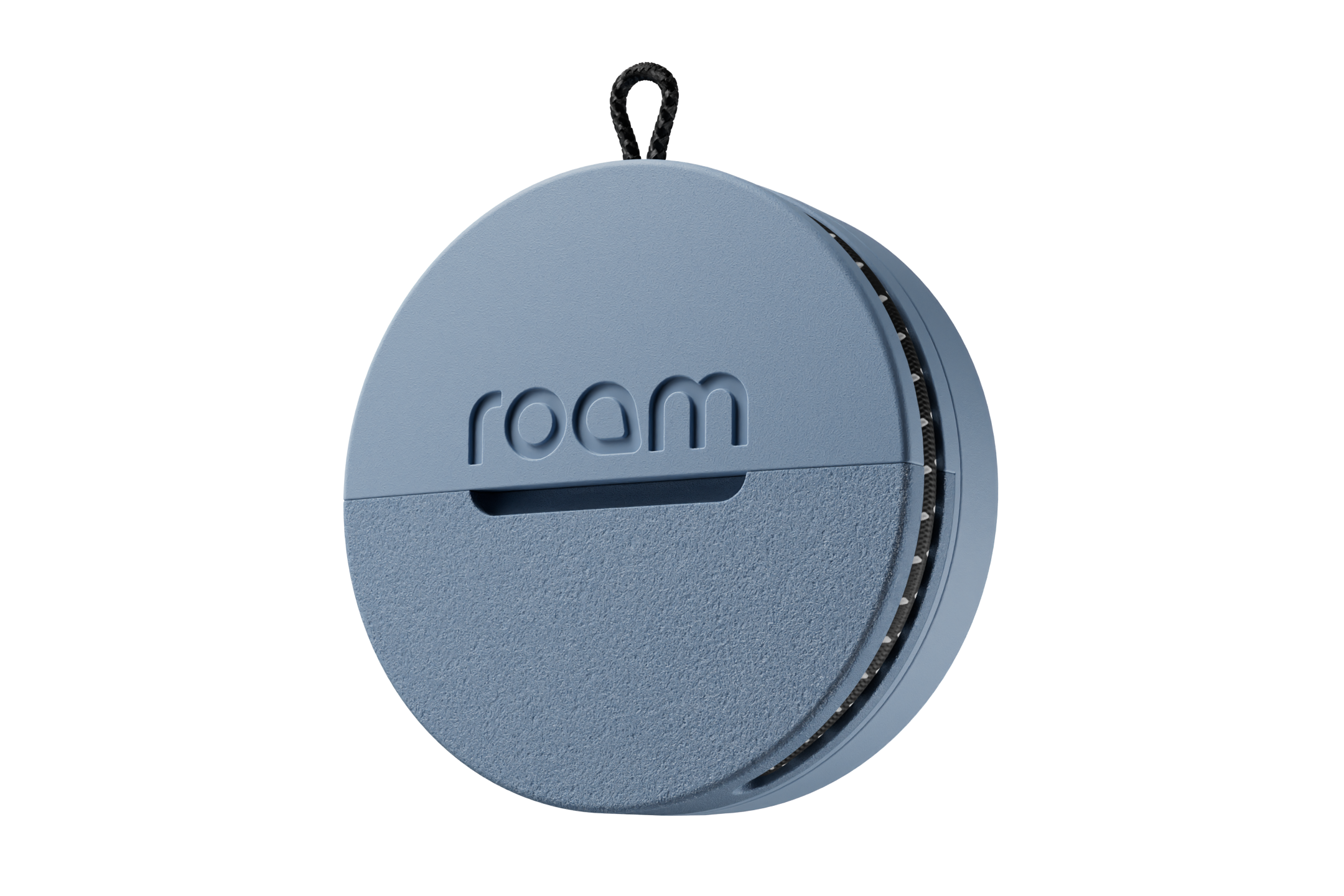 Round blue device with 'roam' branding on a white background