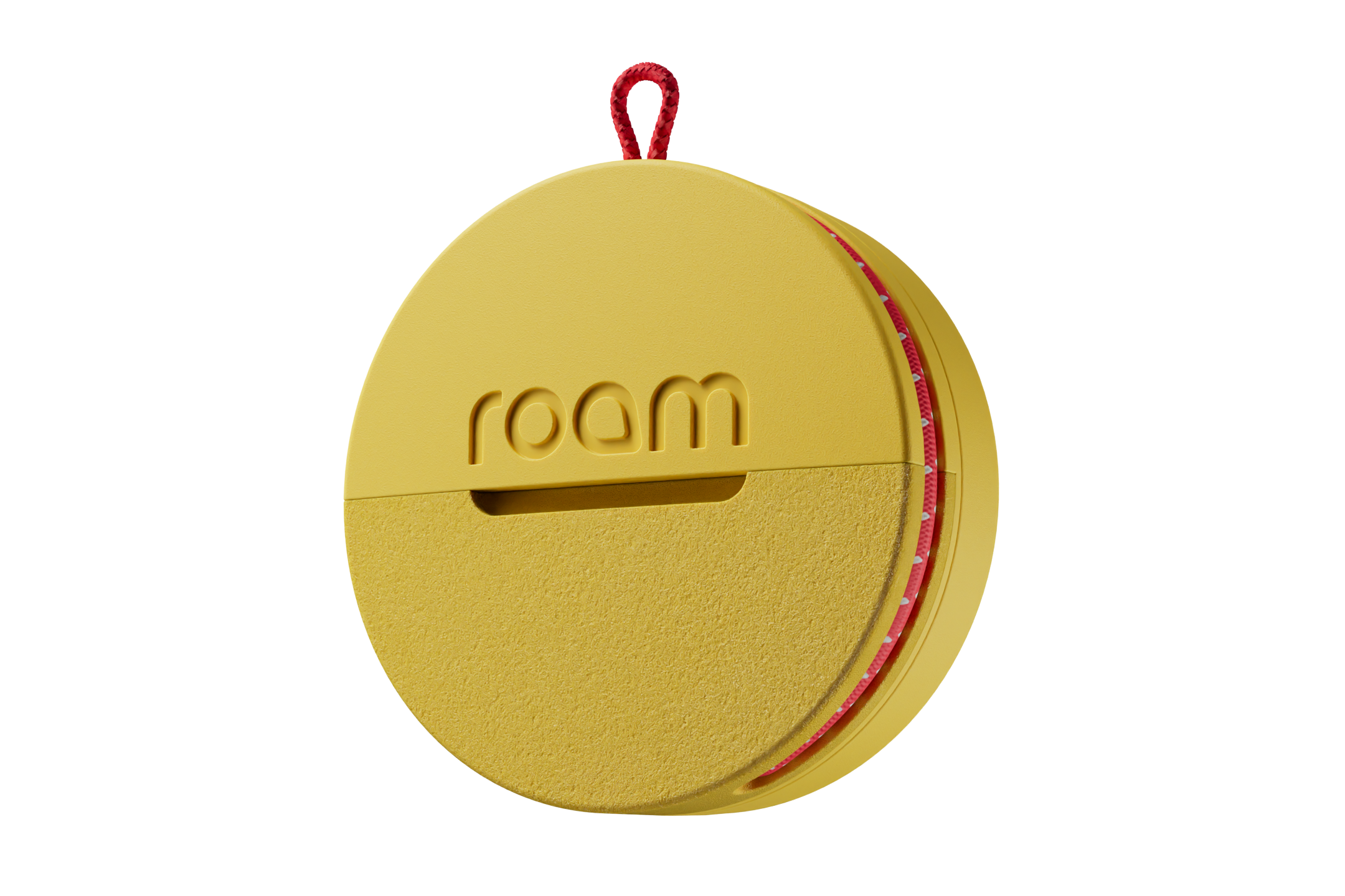 Yellow circular device with 'room' branding on a white background