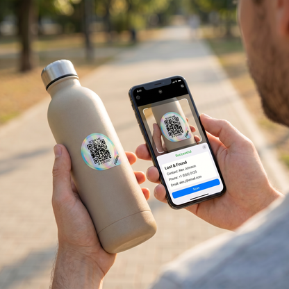 Person scanning Roam smart tracker QR sticker on water bottle with phone showing Lost and Found contact information screen for item recovery