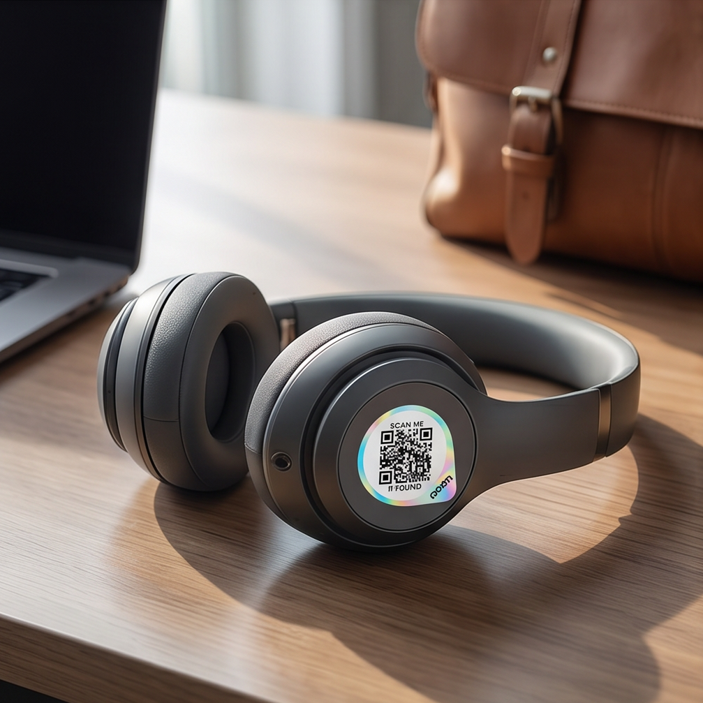 Black over-ear headphones on wooden desk with Roam smart tracker QR sticker attached, brown leather bag and laptop in background