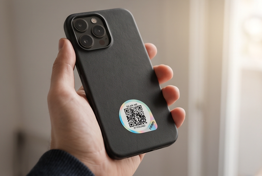 Hand holding black smartphone showing Roam smart tracker QR sticker attached to phone case back for lost phone tracking and recovery