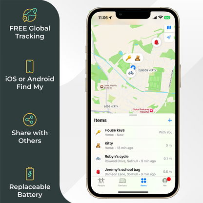 Roam smart tracker app on iPhone showing Apple Find My and Android Find Hub map tracking with features: free global tracking, iOS and Android Find My, share with others, replaceable battery
