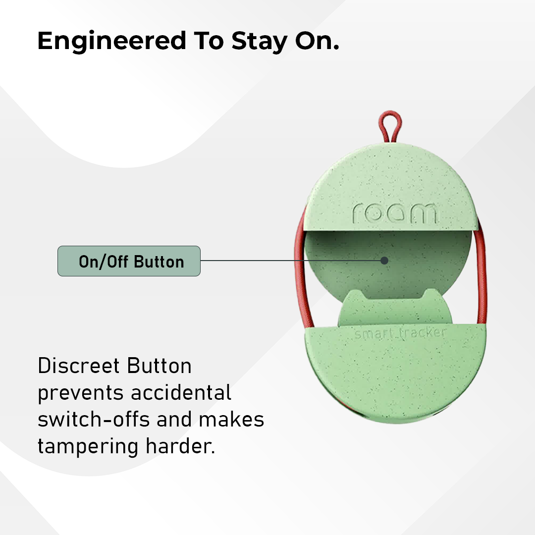 Sage green Roam smart tracker showing discreet on/off button feature - Engineered To Stay On, preventing accidental switch-offs and making tampering harder for secure item tracking