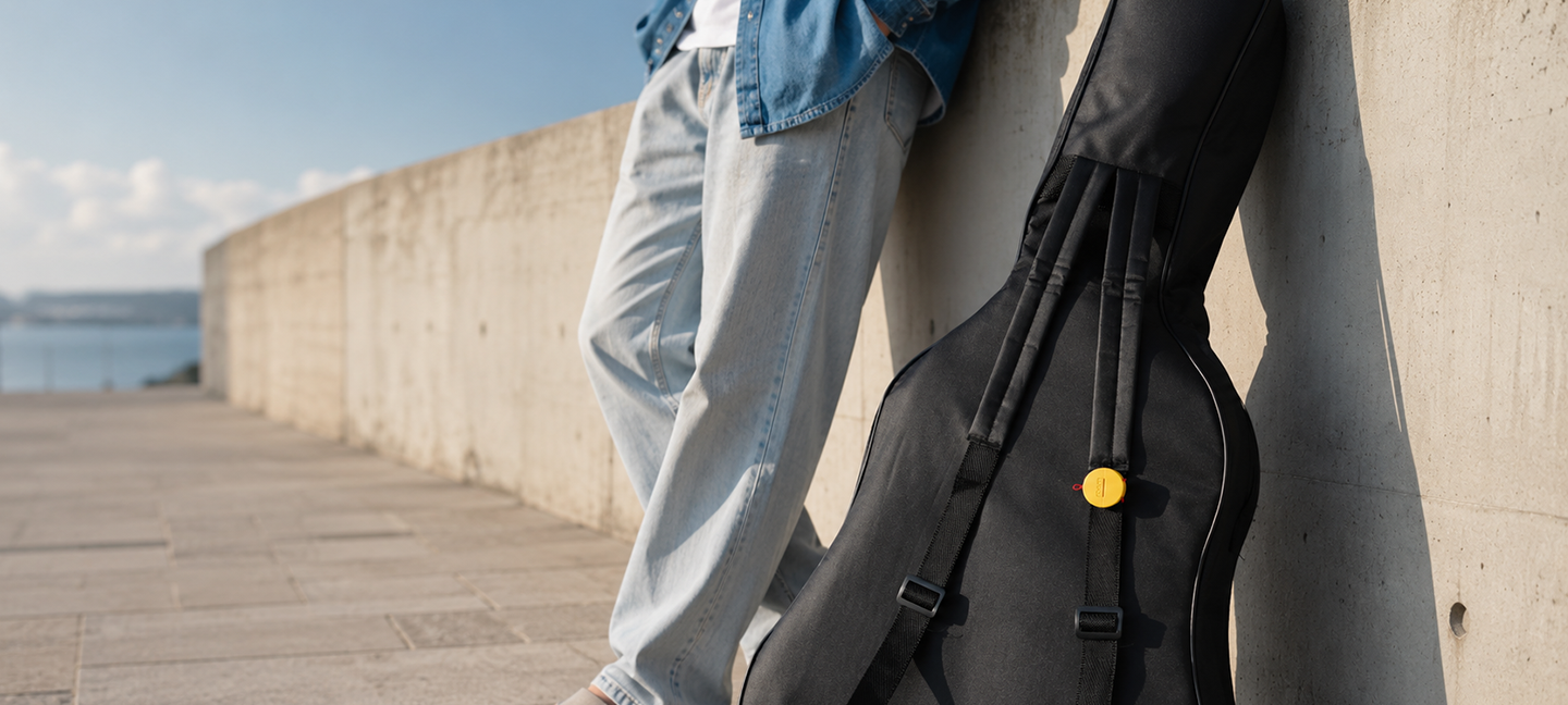 Person carrying black guitar case with Roam Smart Tracker attached near waterfront - GPS tracker for musicians and instrument bags