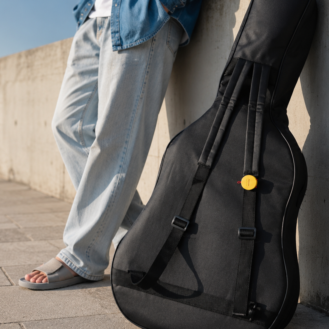 Person holding black guitar gig bag with Roam Smart Tracker attached - GPS tracker for guitars and musical instruments