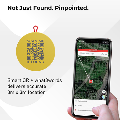 Roam smart tracker QR sticker with Scan Me If Found code and phone showing what3words pinpoint location technology delivering accurate 3m x 3m location - Not Just Found Pinpointed