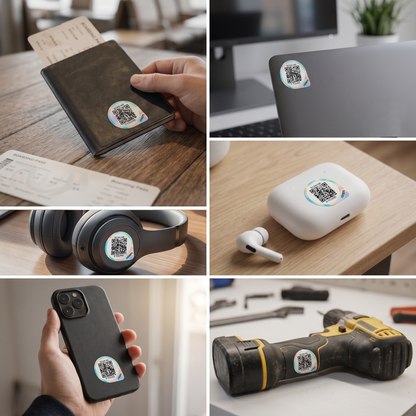 Collage of Roam smart tracker QR stickers attached to multiple everyday items including passport wallet, MacBook laptop, over-ear headphones, wireless earbuds, smartphone, and power drill