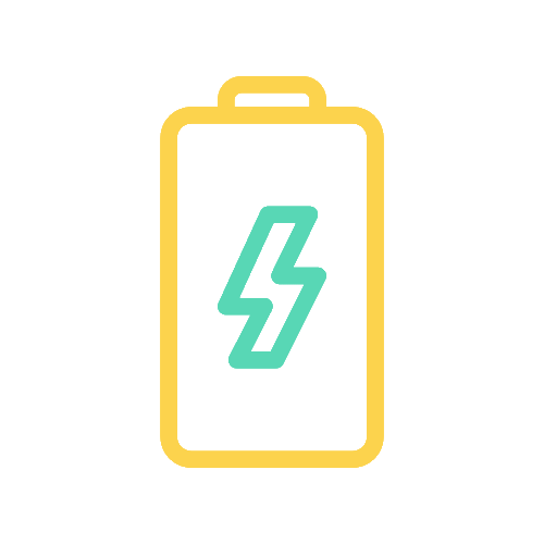 Animated GIF icon showing Roam smart tracker replaceable battery feature with CR2032 lithium battery and charging lightning bolt animation for 1+ year battery life